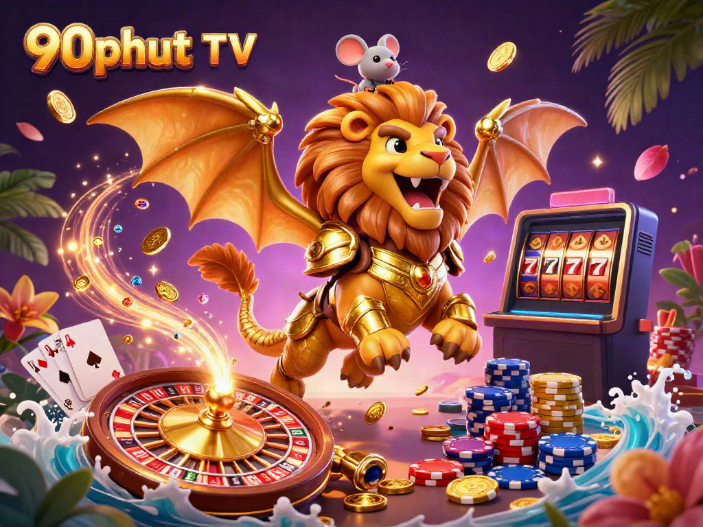 Experience the thrill of 90phut TV with a vibrant casino scene featuring a triumphant chimera and dynamic game elements.