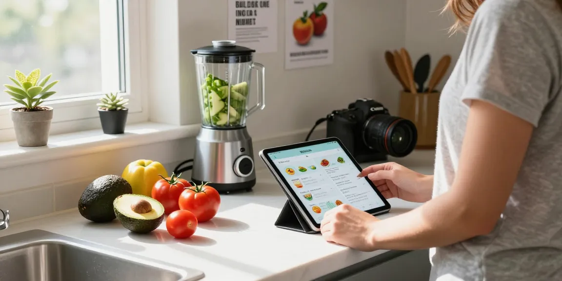 Using the best food tracking app in a bright kitchen while preparing healthy meals.
