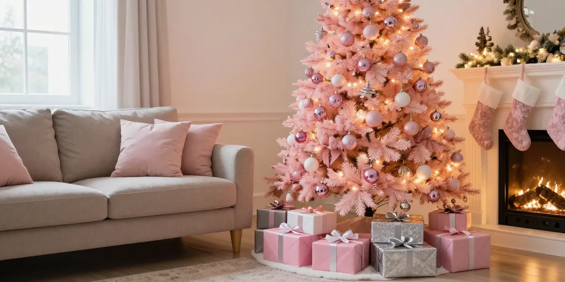Beautiful pink Christmas tree with pink decor in a cozy living room