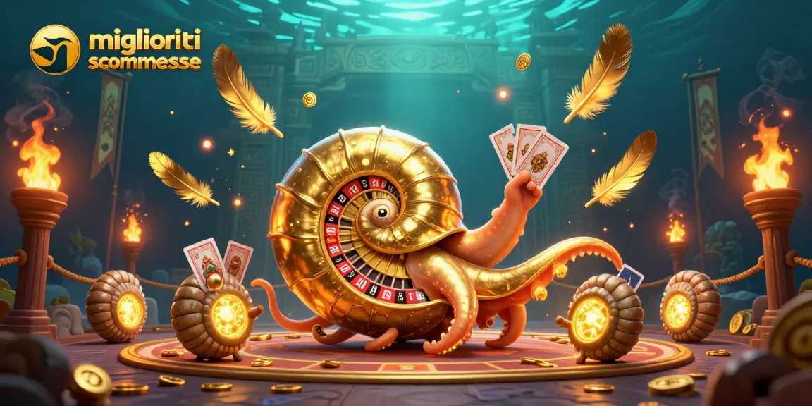 Scopri i migliori siti scommesse con un'illustrazione 3D di un nautilus che gioca a carte e ruotano monete d'oro.