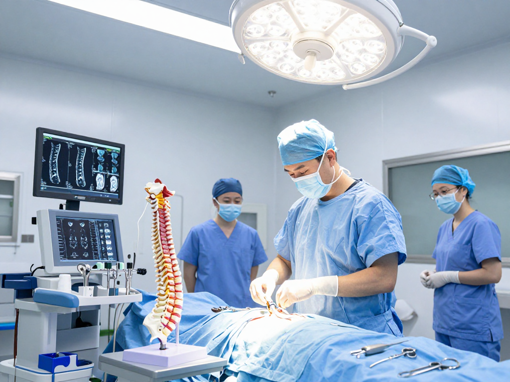 Boyun fıtığı ameliyatı in a modern healthcare setting with a surgeon preparing for surgery, showcasing advanced medical equipment.