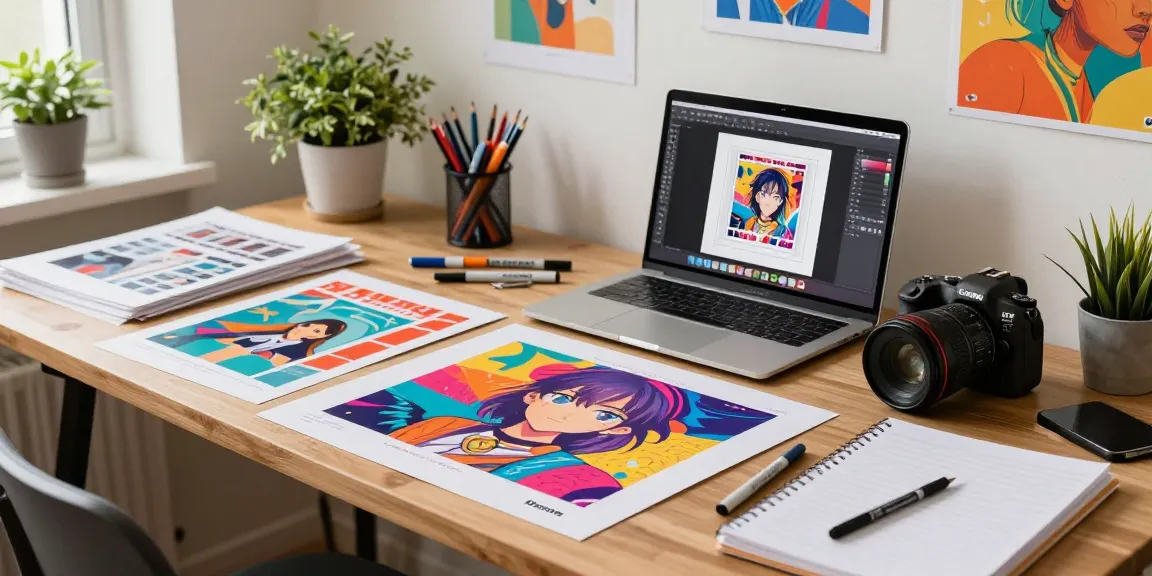 Custom poster printing workspace with vibrant designs and creative tools.