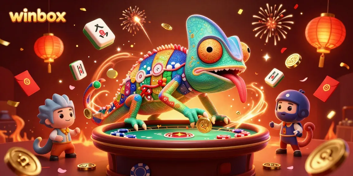 Winbox chaos with a colorful chameleon capturing golden coins and celebrating with vibrant graphics.
