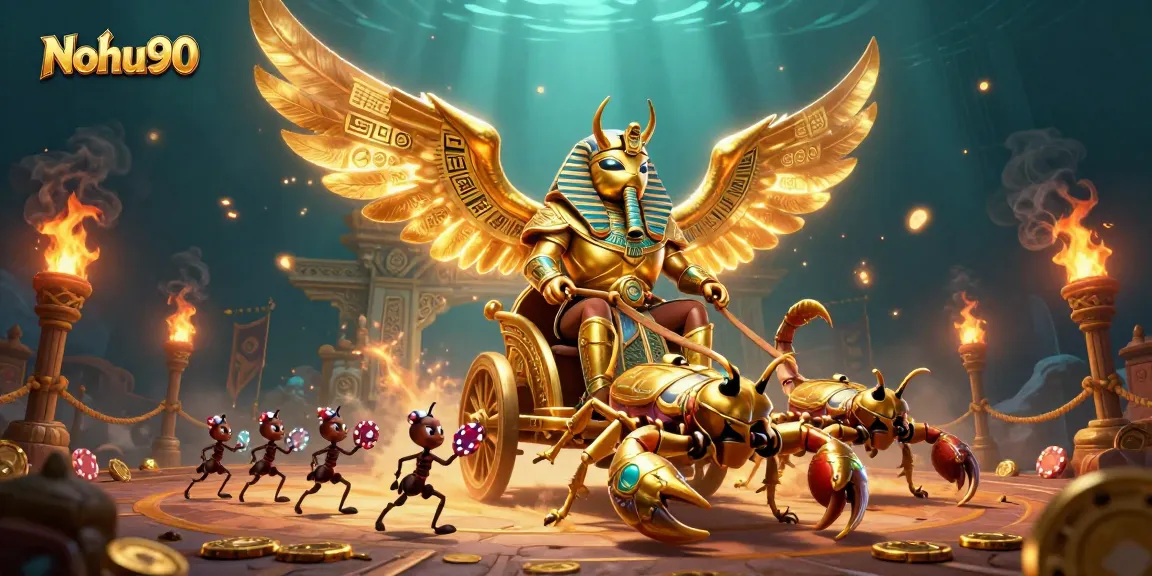 Nohu90 offers thrilling jackpot adventures featuring an ornate golden scarab with poker chips amidst a vibrant casino setting.