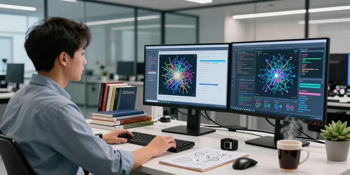 AI Detection lab scene with a data scientist analyzing AI-generated images on touchscreen monitors, vibrant tech environment.