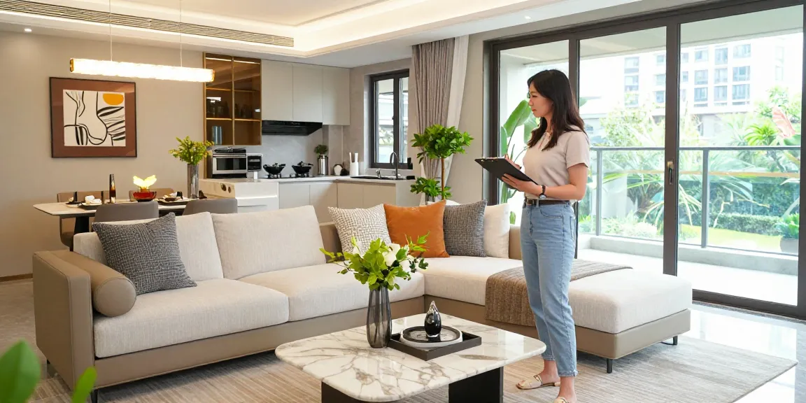 Dover Residences Showflat featuring a stylish living room and modern kitchen, showcasing luxury urban living.