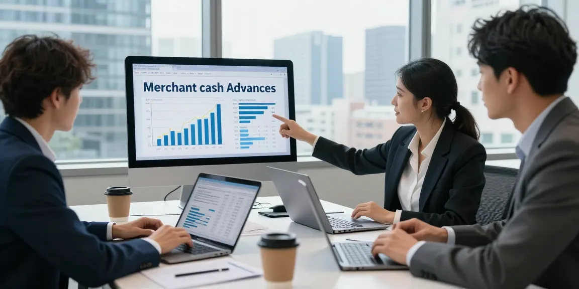 Team discussing the best merchant cash advance strategies in a modern office setting