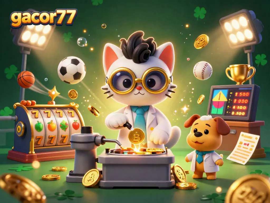 Gacor77 menampilkan kucing ilmuwan gila dan anjing asisten di kasino dengan simbol slot dan koin emas.