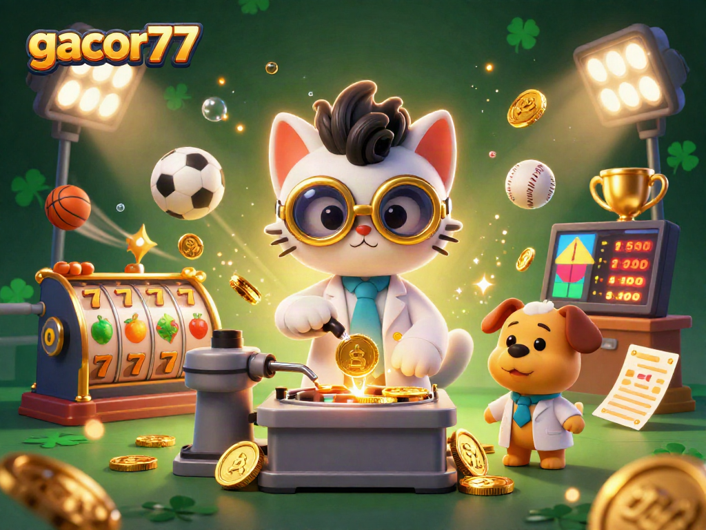 Gacor77 menampilkan kucing ilmuwan gila dan anjing asisten di kasino dengan simbol slot dan koin emas.