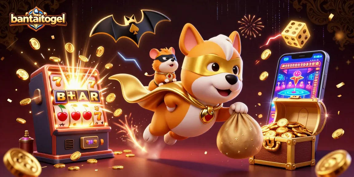 Experience thrilling slots with bantaitogel's superhero dog illustration bursting with coins and exciting casino elements.