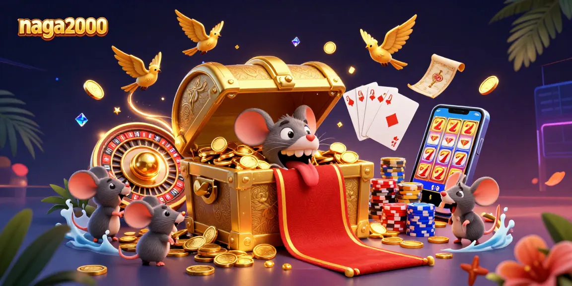 Naga2000 menampilkan peti harta karun emas yang menggoda pemain dengan tumpukan koin emas dan permainan slot yang menarik.