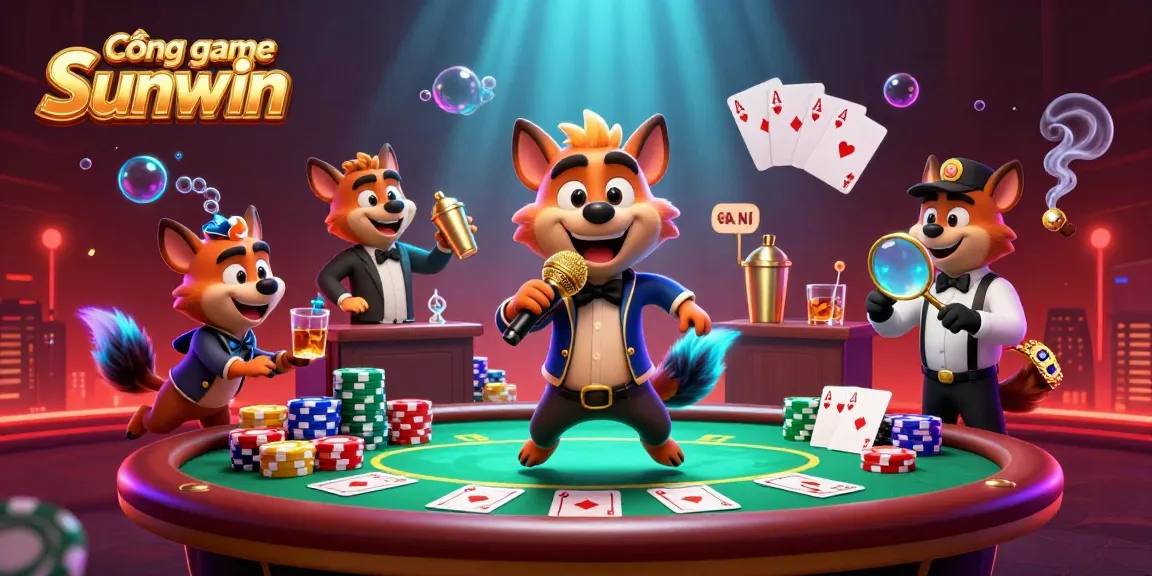 Cổng game Sunwin features animated hyenas running a comedy casino scene with vibrant graphics and dynamic poker elements.
