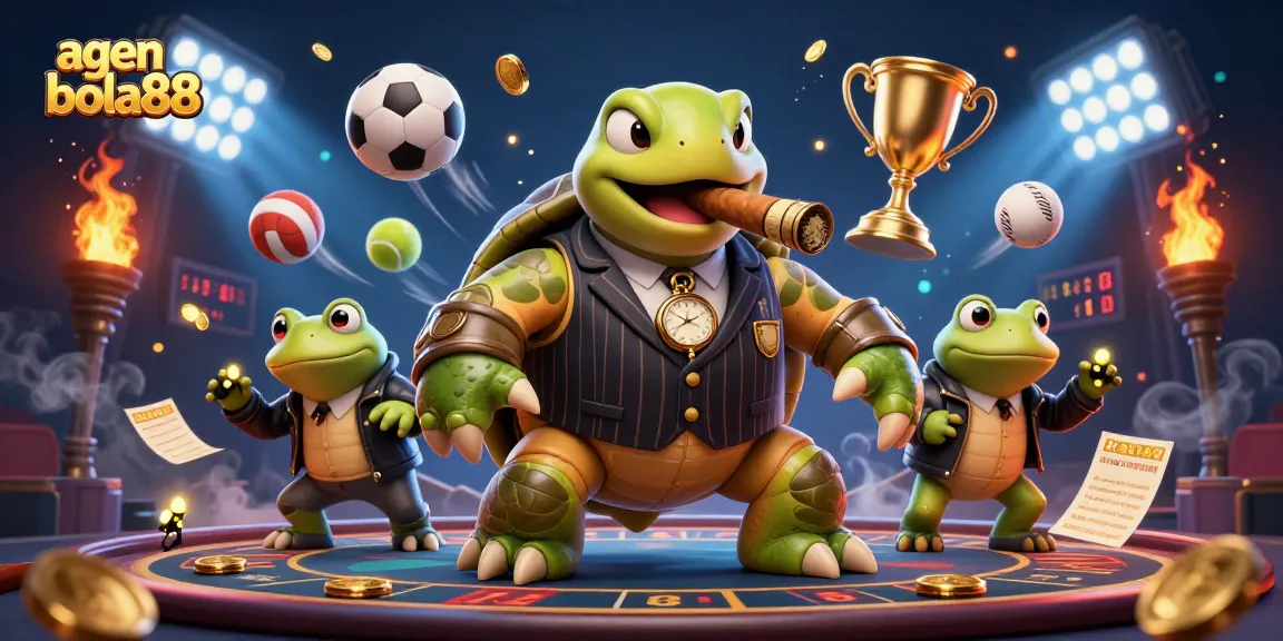 Agen bola88 showcases thrilling sports betting action with a dynamic 3D turtle and frog enforcers.