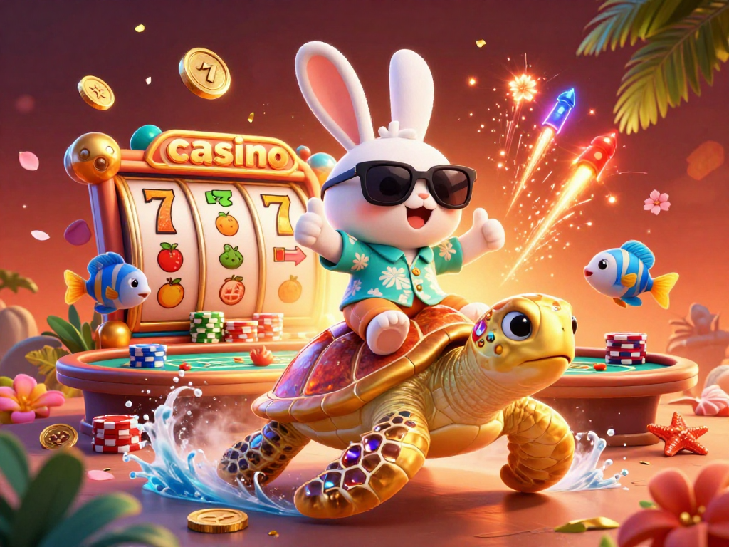 Join the fun at this colorful casino-themed scene with a lucky rabbit and golden turtle.