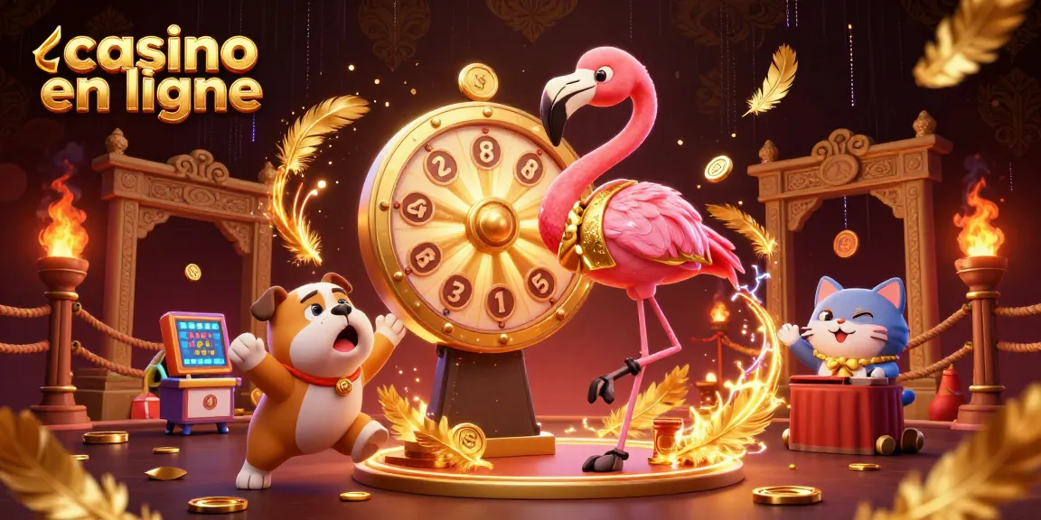 Engagez-vous avec la scène passionnante d'un casino en ligne avec un hôte de jeu en flamant rose et des éléments de casino.