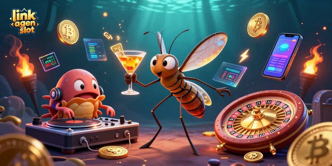 Join the excitement with link agen slot in this vibrant casino scene featuring a quirky cocktail mascot.