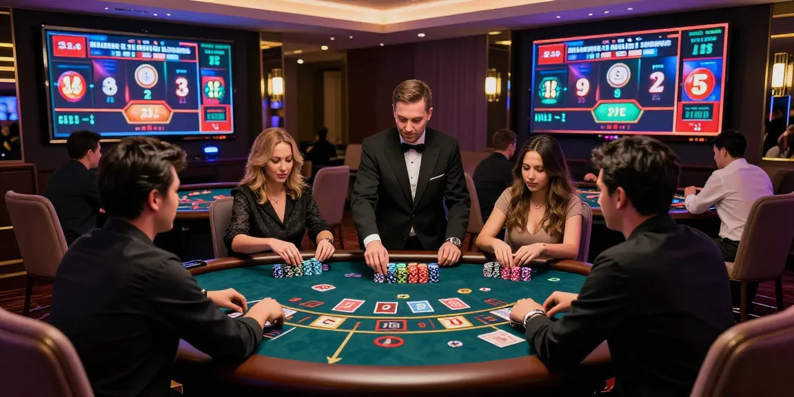 Mildcasino Live Taruhan Online players enjoying a vibrant casino atmosphere with dealers, chips, and jackpot displays.