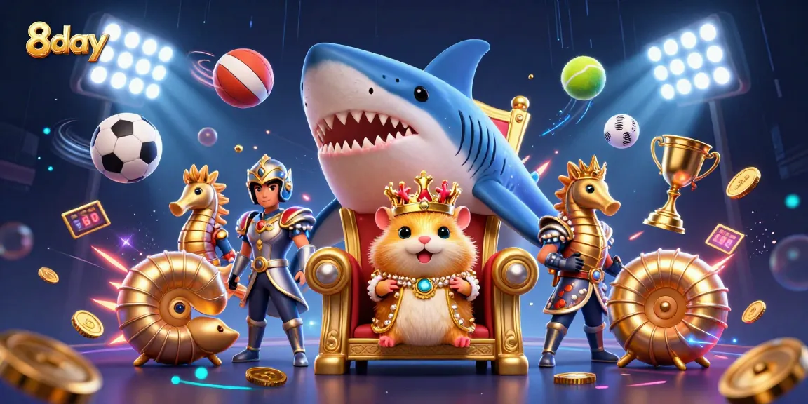 Experience thrilling wins with 8day's vibrant casino games featuring a golden hamster king and dynamic sports elements.