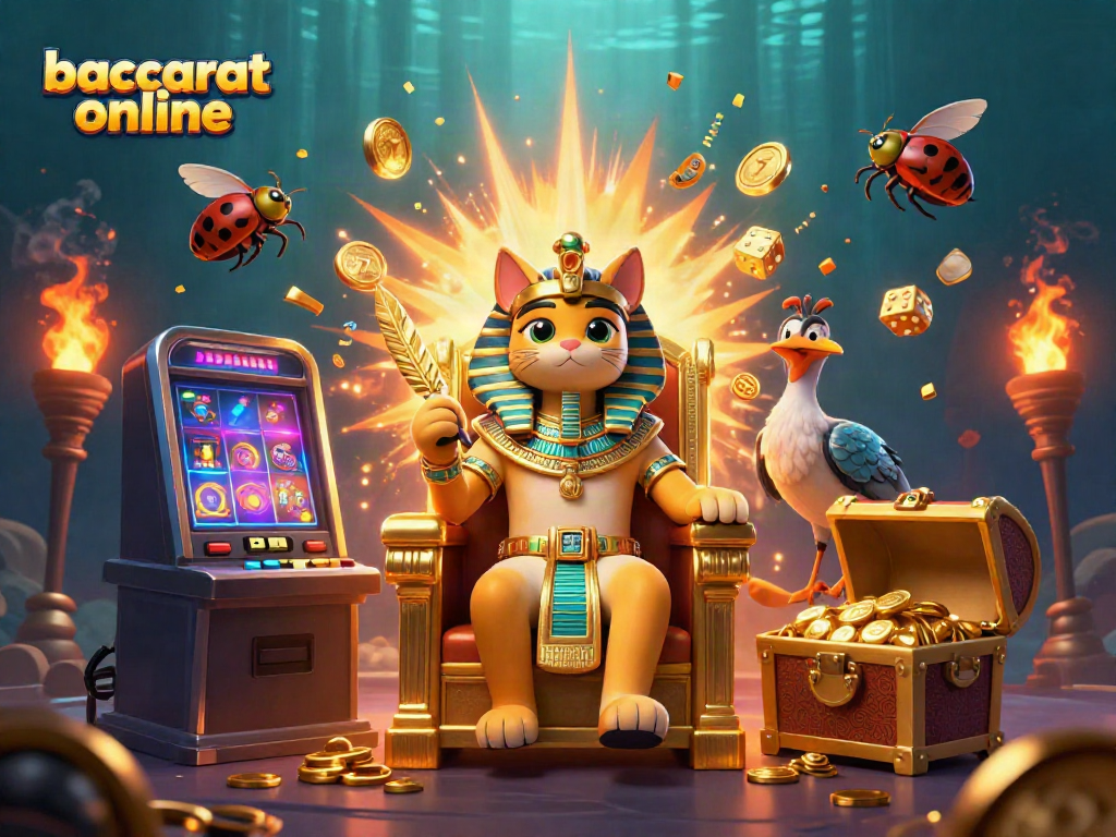 Experience baccarat online with a dynamic scene of a cartoon Egyptian pharaoh cat surrounded by casino elements.