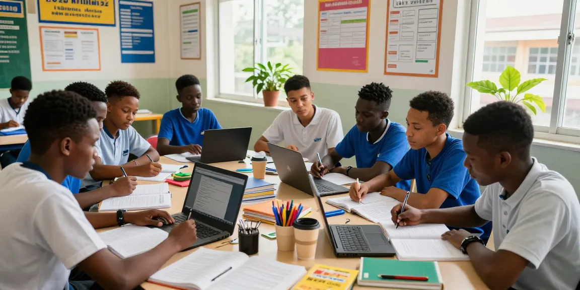 Students collaborating on study materials for the 2026 nabteb runz in a bright classroom.