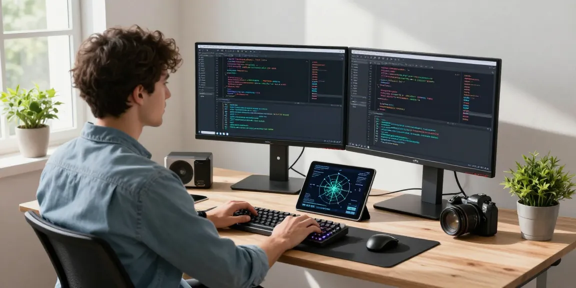 Developer working on 快连 network solutions at a modern desk with dual monitors showing code and analytics.