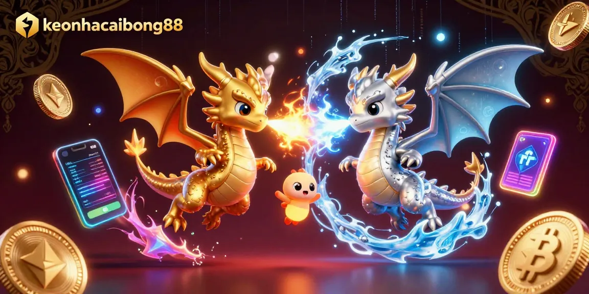 Experience thrilling excitement at keonhacaibong88 with vibrant 3D dragons and cryptocurrency elements.