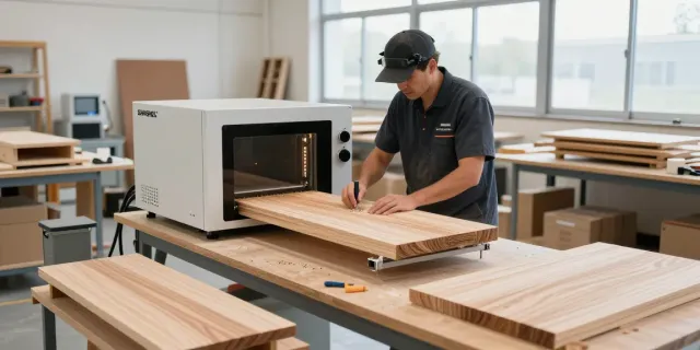 SHASHEL® microwave equipment effectively eliminating wood-boring insects in a modern workshop.