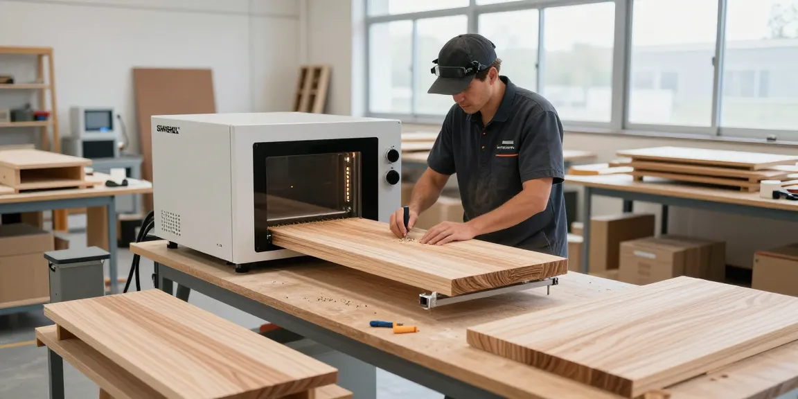 SHASHEL® microwave equipment effectively eliminating wood-boring insects in a modern workshop.