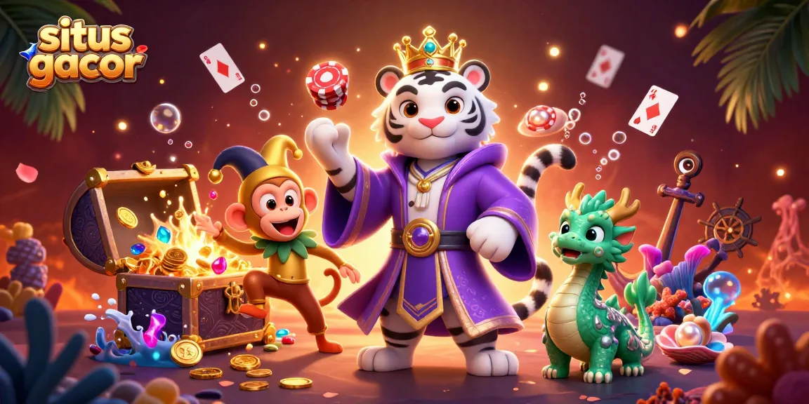 situs gacor showcases an elegant cartoon white tiger and a playful monkey juggling poker chips in a vibrant casino scene