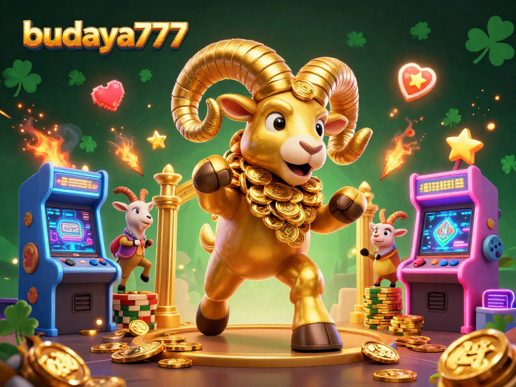 Gambarkan budaya777 dengan ram emas dan mesin arcade dalam suasana kasino yang meriah.