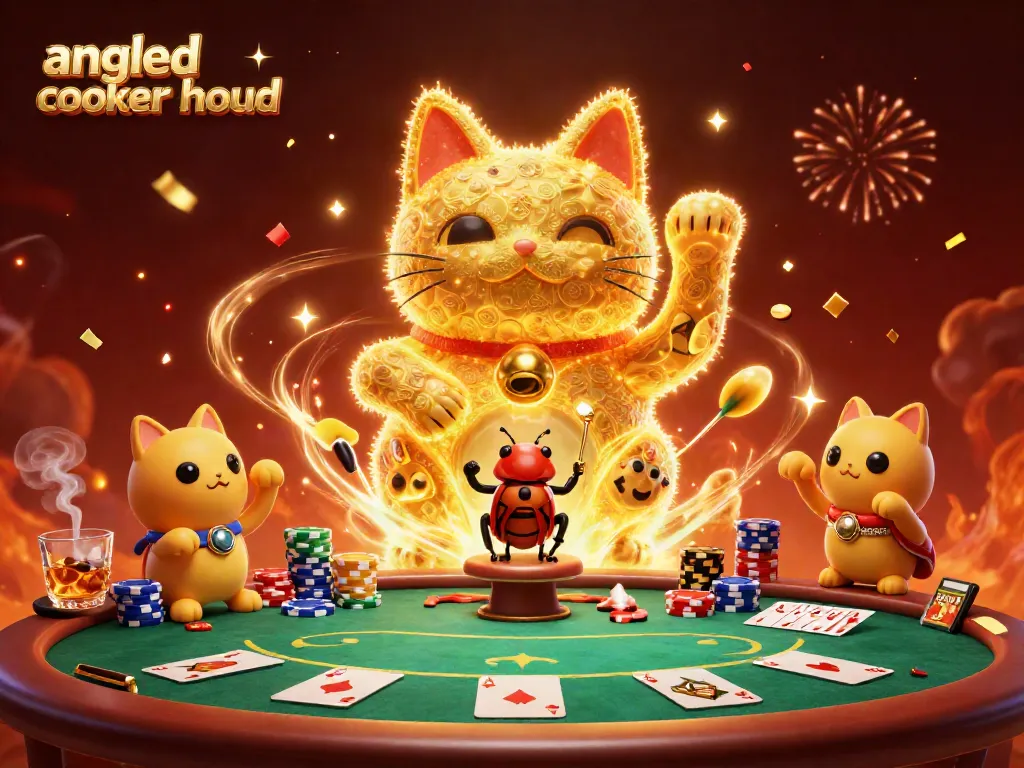 Engage with the angled cooker hood inspired lucky cat and poker action in a vibrant casino setting.