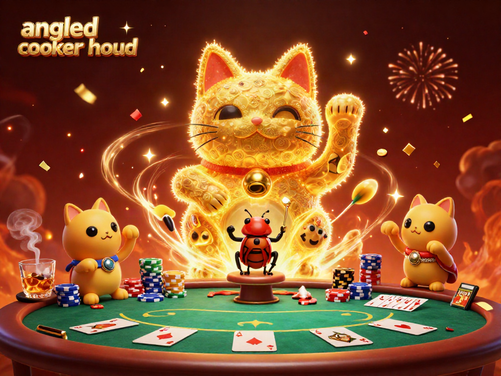 Engage with the angled cooker hood inspired lucky cat and poker action in a vibrant casino setting.