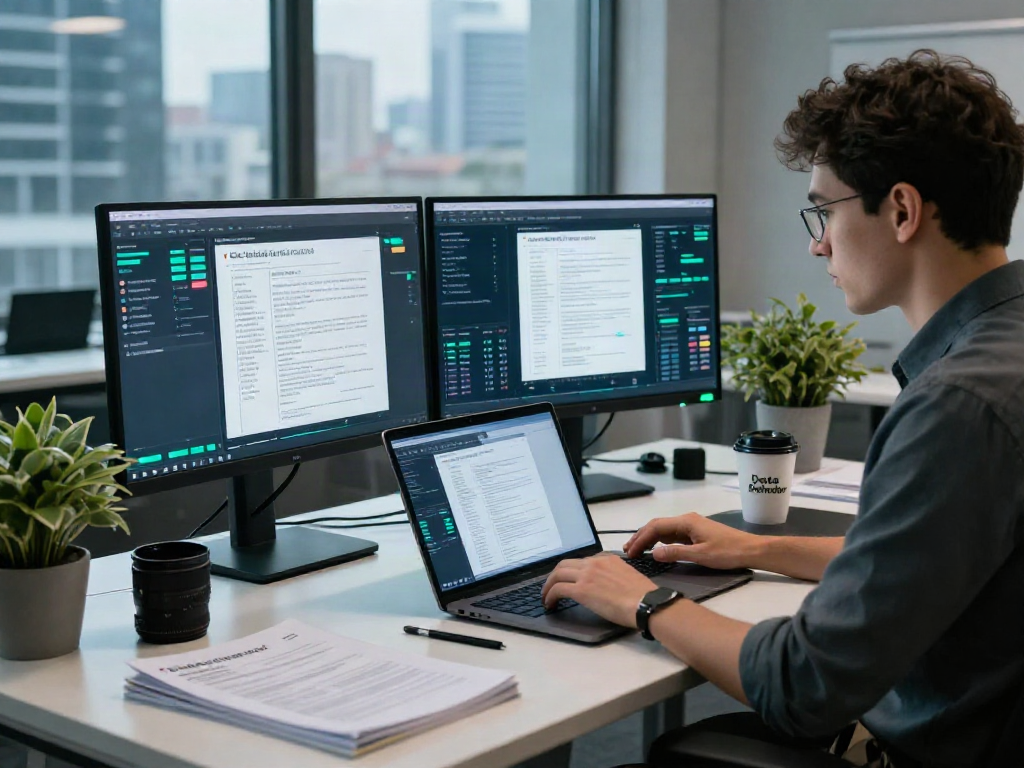 Cybersecurity analyst using document fraud detection software in a modern office with data analytics on multiple screens.
