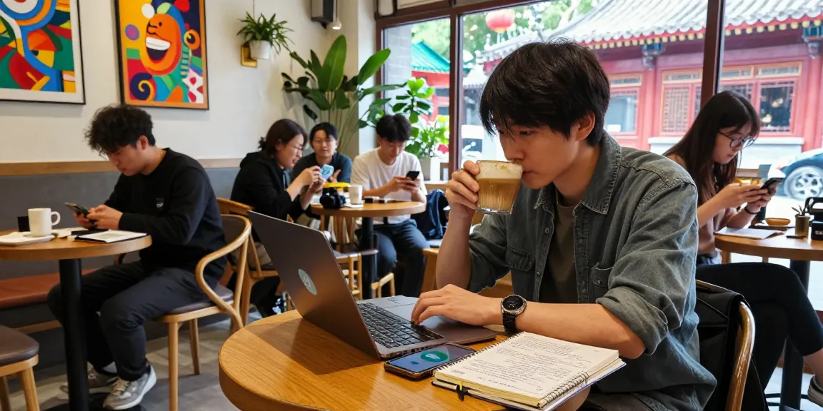 Exploring telegram china channels at a vibrant Beijing cafe, showing digital nomad working on laptop amidst lively decor.