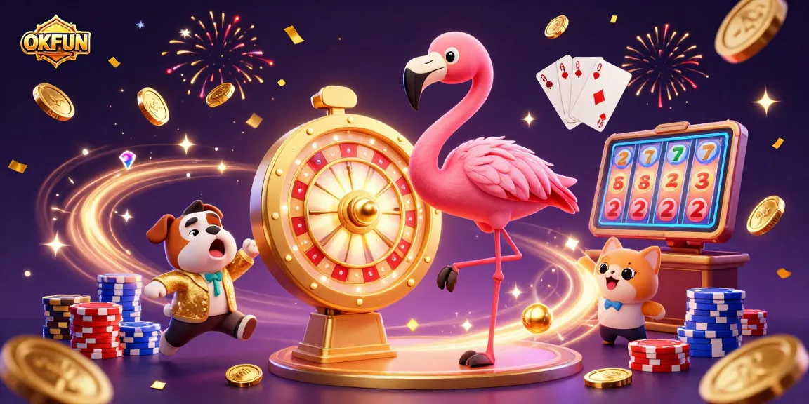 Spin winning slots and prizes at OKFUN in an exciting vibrant casino illustration.
