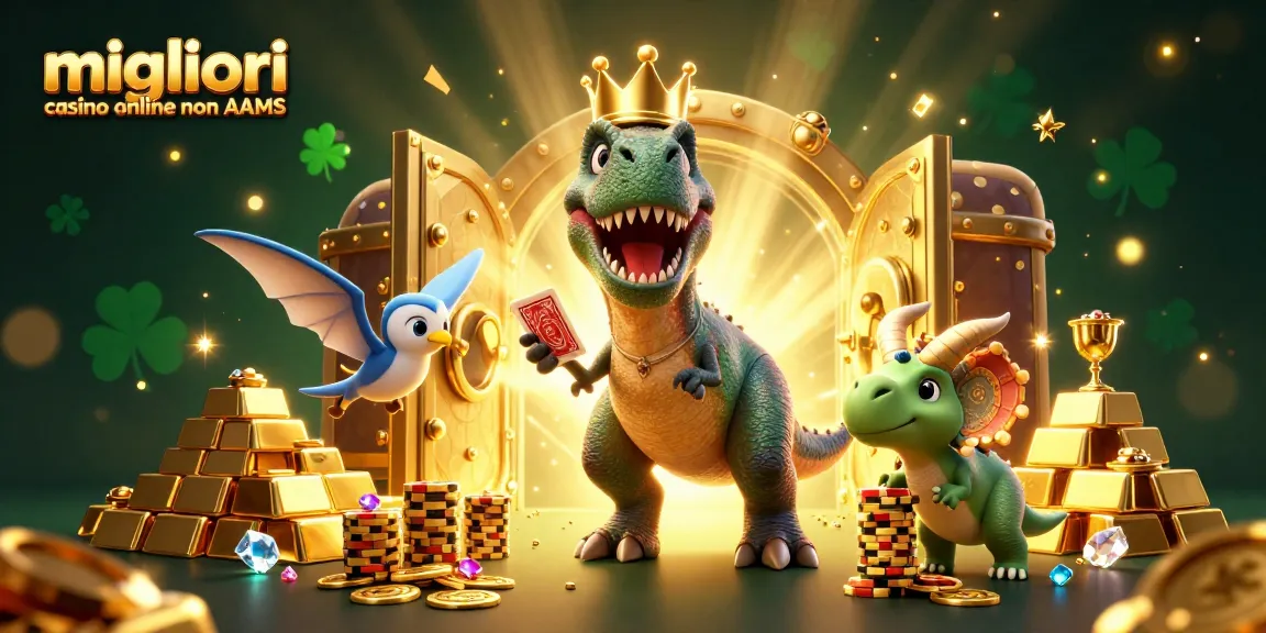 Gioca nei migliori casino online non AAMS con il T-Rex che mescola le carte e il baby triceratops con fiches d'oro.