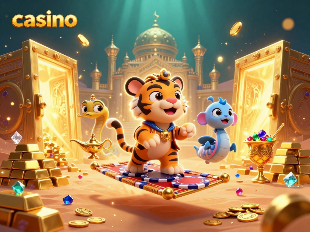 Experience thrilling casino fun with a sultan and treasures in this vibrant 3D illustration.