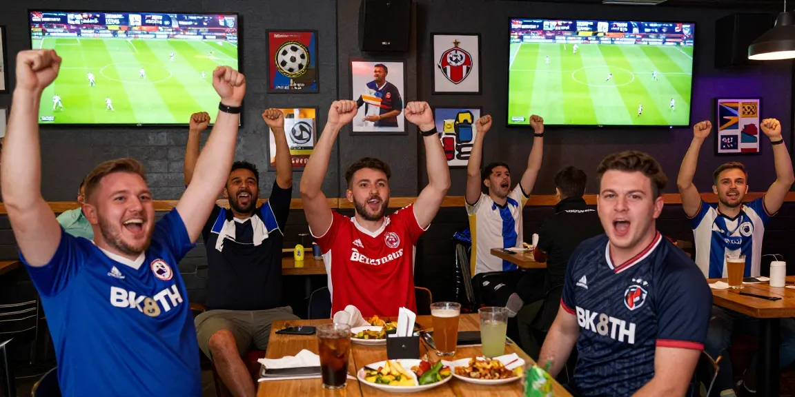 Excited football fans cheering in a lively sports bar during BK8TH Premier League matches.