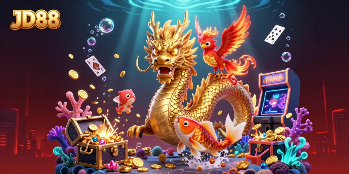 Experience the thrill of JD88 with a 3D scene of a Chinese dragon, phoenix, and koi fish amid gold coins.