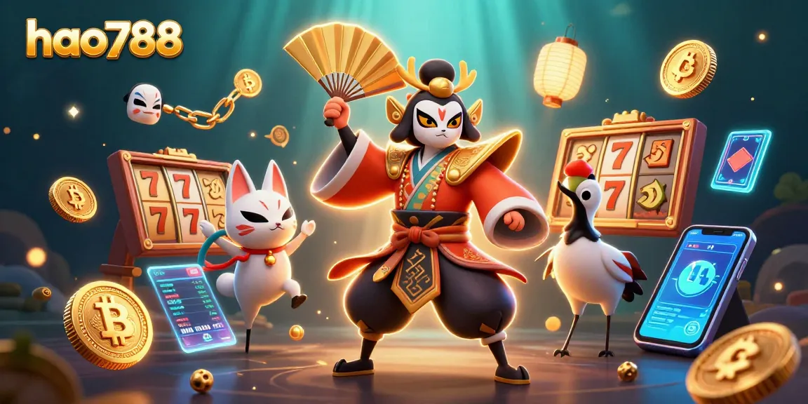 Mengalami permainan slot di HAO788 dengan ilustrasi kabuki dan elemen kasino yang menarik