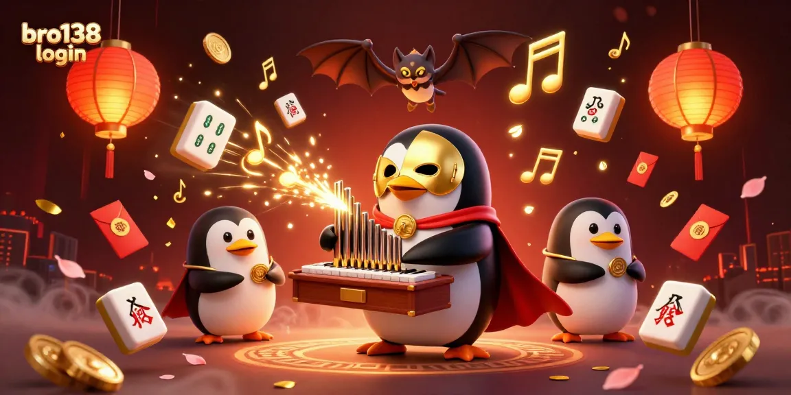 Bro138 login showcases a vibrant online casino scene with a phantom penguin and fortune symbols.