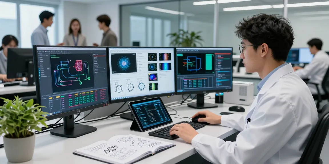 AI detector software analyzing images on multiple screens in a modern lab.