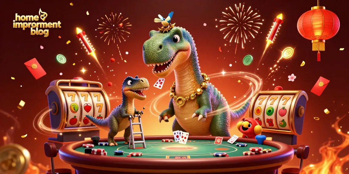 Engage with the colorful scene of a brontosaurus overseeing a poker table, embodying the home improvement blog experience with casino elements.