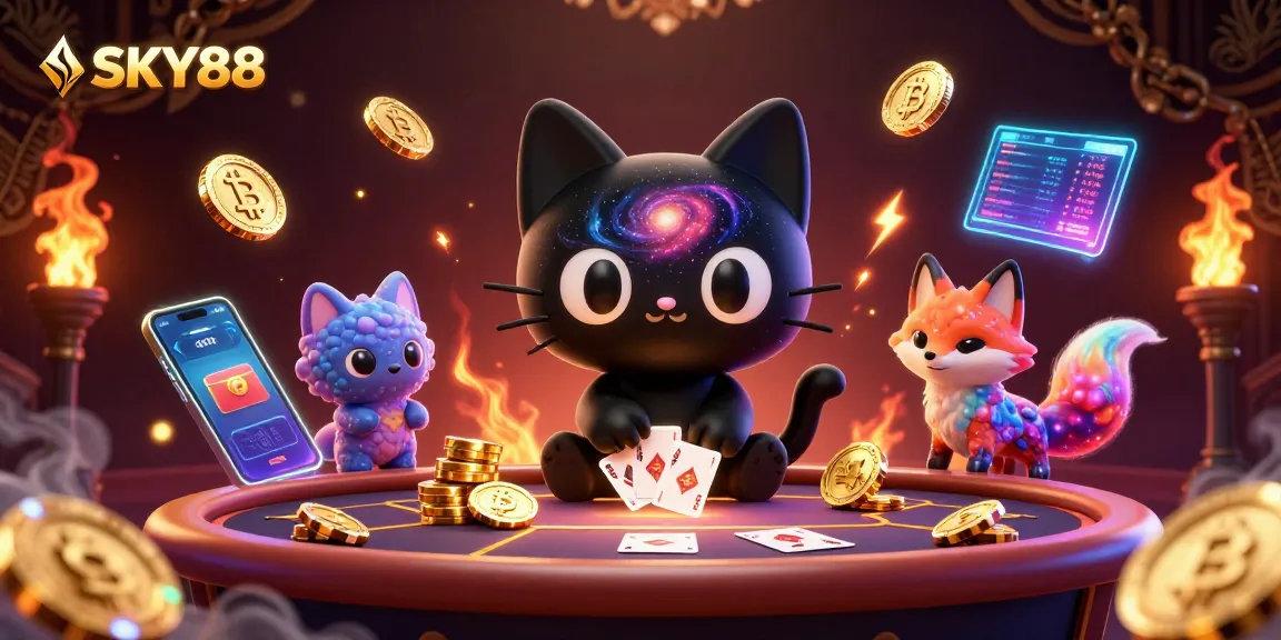 Engage in thrilling games at SKY88 with a cosmic cat and colorful fox in an immersive casino.