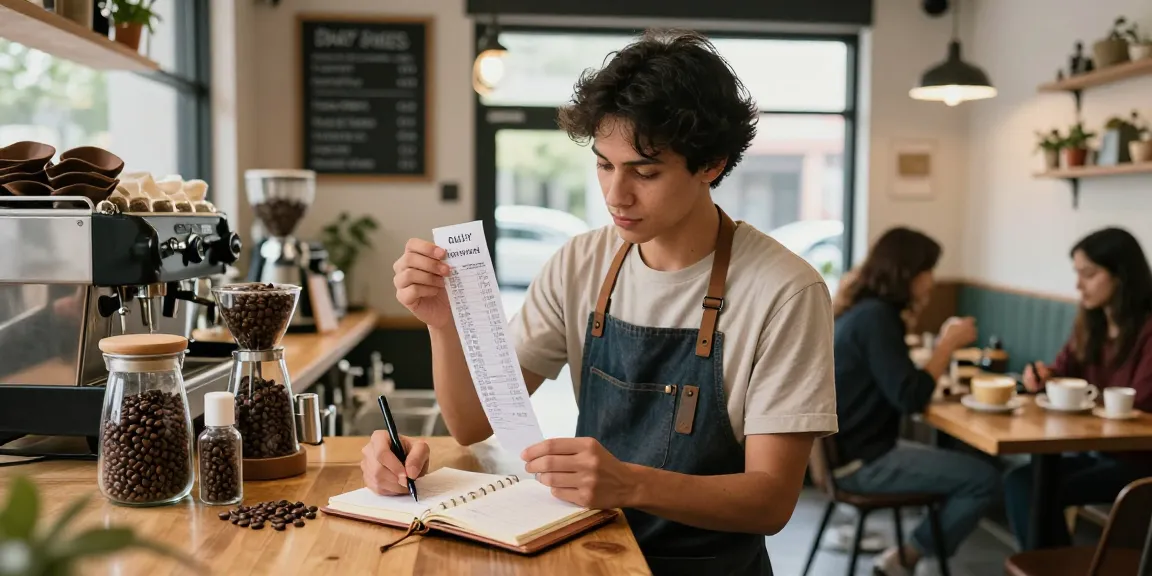 Barista tengah menganalisis struk angka di kedai kopi, mencari nomor rejeki yang beruntung.