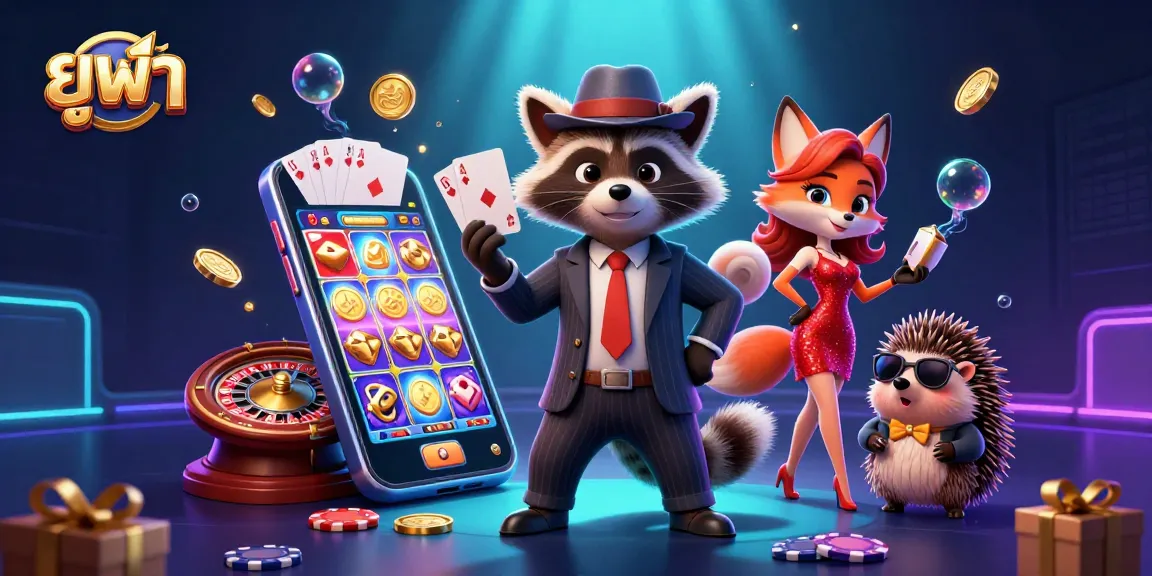 Experience dynamic gaming excitement with ยูฟ้า, showcasing suave characters and vibrant casino elements.