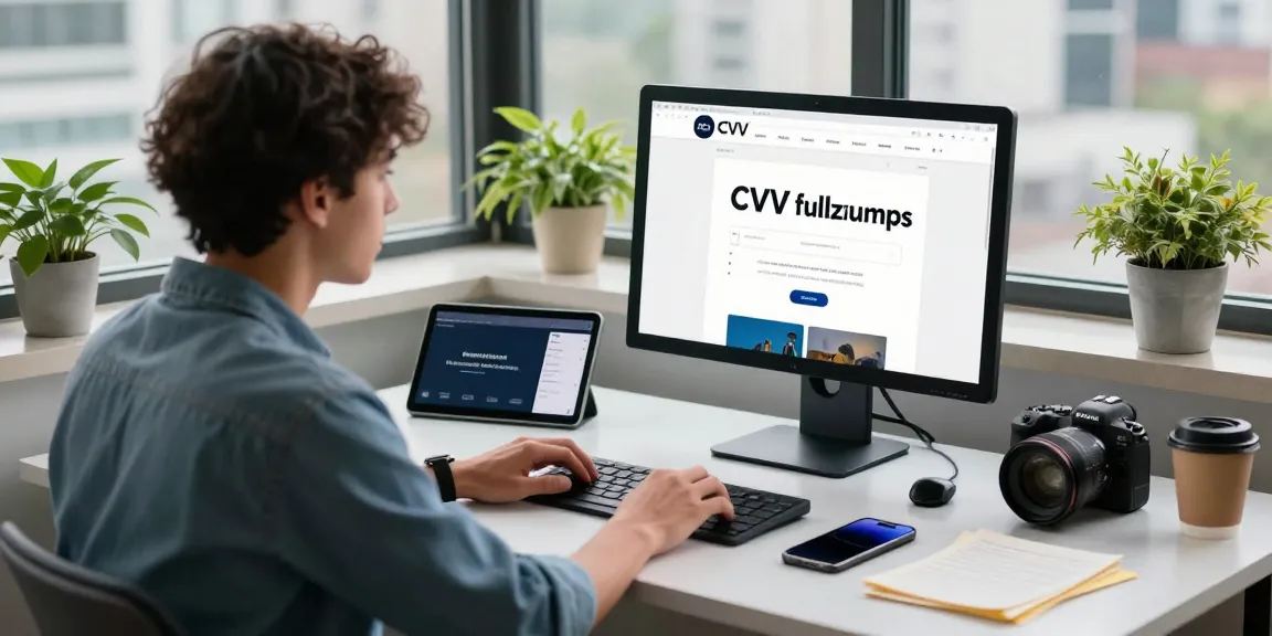 Cvv fullz dumps marketplace experience with a modern e-commerce workspace and computer setup.