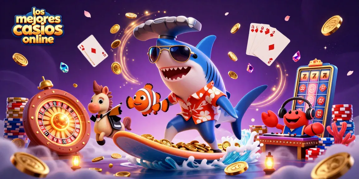 Disfruta de la emoción de los mejores casinos online con un tiburón martillo y amigos sobre una ola de monedas de oro.