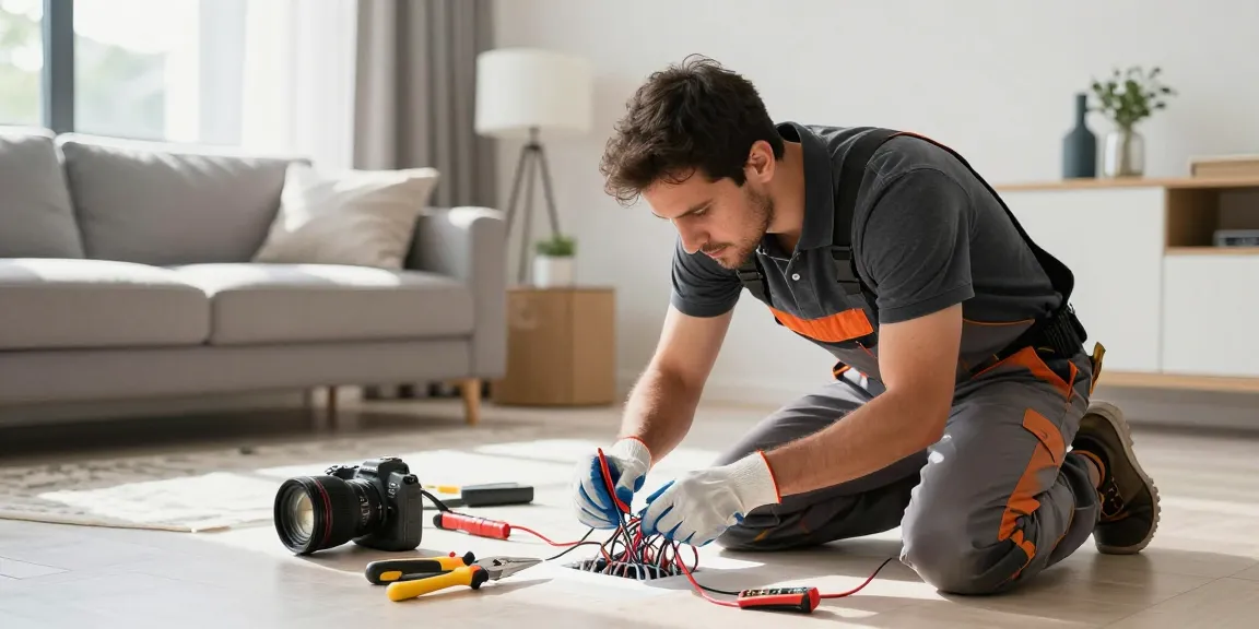 Domestic electrician performing crucial electrical work to ensure safety at home; see more details regarding modern home safety.