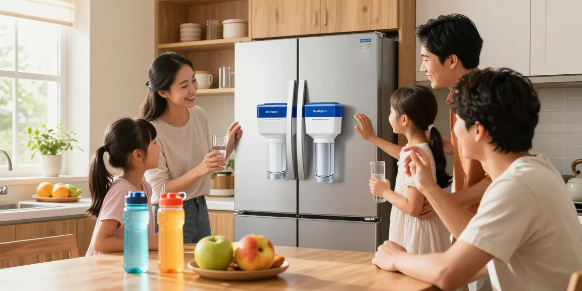 EcoAqua EFF-6011A Refrigerator Water Filter showcased in a bright kitchen, highlighting family health and fresh water.